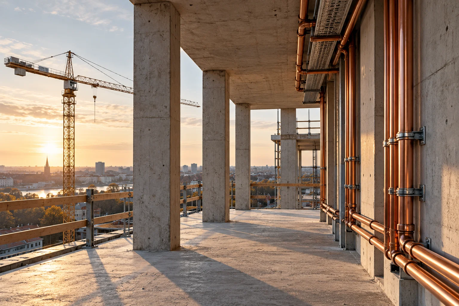 Imagine arhitecturală ilustrativă: structură din beton și trasee de instalații